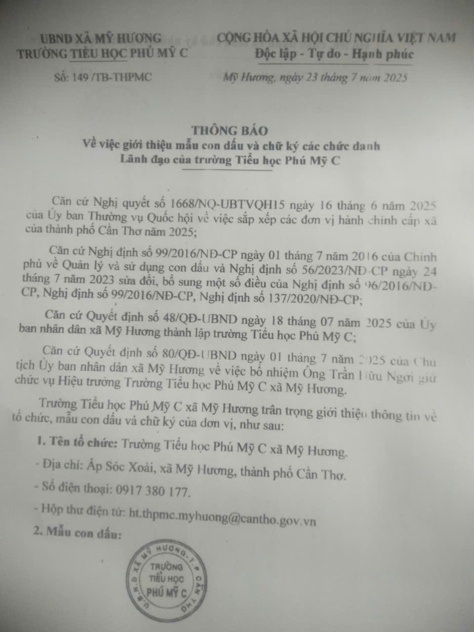 Thông báo giới thiệu mẫu con dấu và chữ ký các chức danh Lãnh đạo của trường Tiểu học Phú Mỹ C